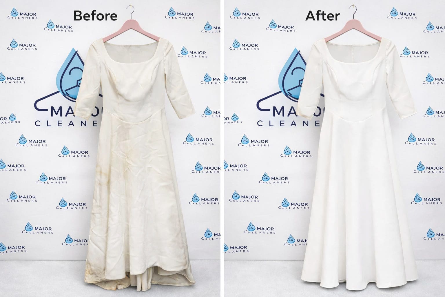 A side-by-side comparison of a dress before and after cleaning; the left side shows stains, while the right side shows the dress spotless and white.